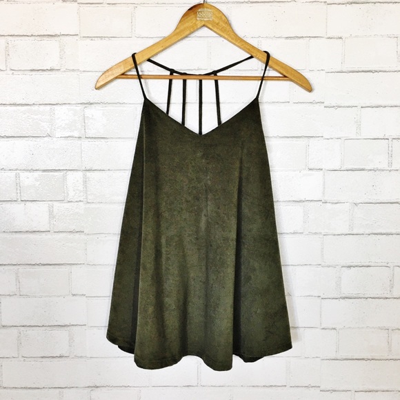 Tops - Olive Green Faux Suede Drapey Boho Tank Top